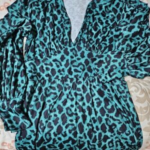 SHEIN Teal and Black Long Sleeve Leopard Print Dress